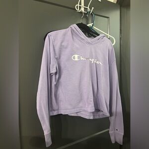 Champion Lavender Large Cropped Hooded Sweatshirt With Damage
